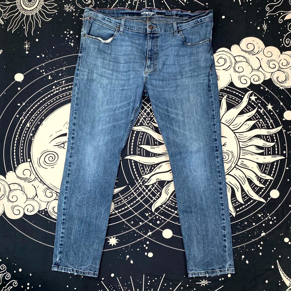 Wrangler Jeans Men's 40x30 Blue Denim Cotton Straight Slim Fit Workwear Stretch